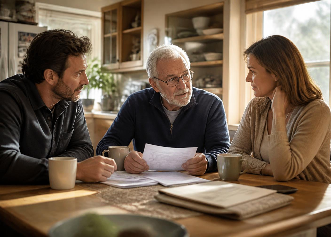 An older man and his two adult children reviewing paperwork together at a sunlit kitchen table
