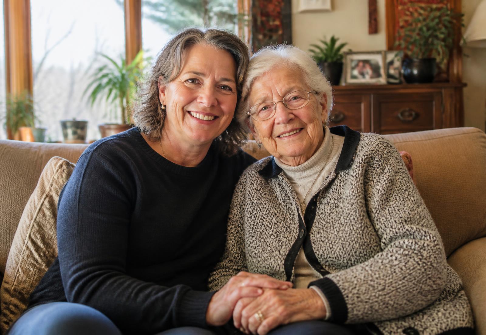 An adult daughter sitting close beside her elderly mother on a sofa in a sunlit living room, both smiling and holding hands