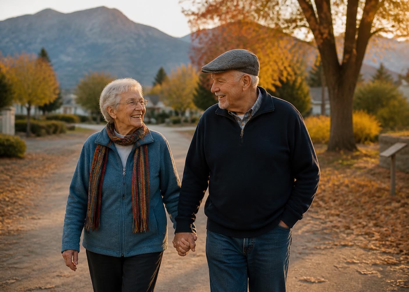 An elderly couple walking hand in hand along a tree-lined neighborhood path with mountains in the distance